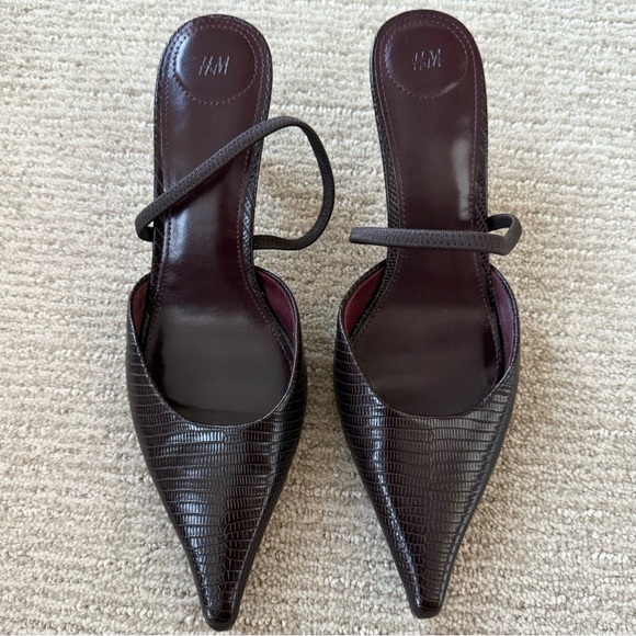 H&M Edition Premium Pointed Slingback Pumps. Dark Brown Croc-Embossed Leather. - Picture 8 of 12